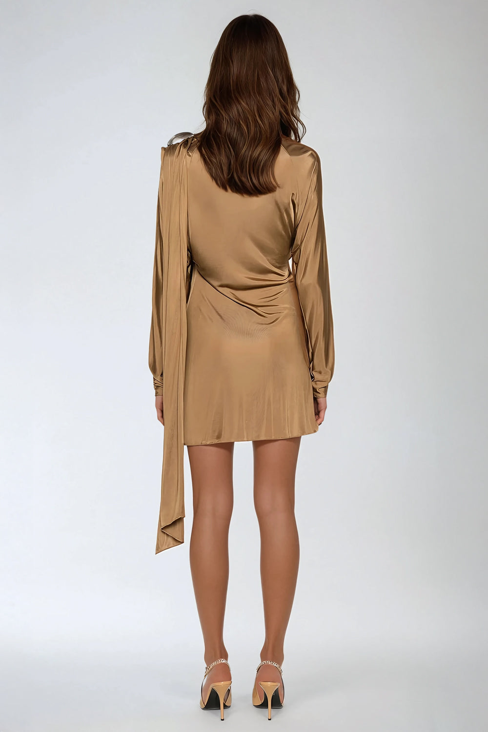 Long Sleeve Draped Mini Dress - Brown