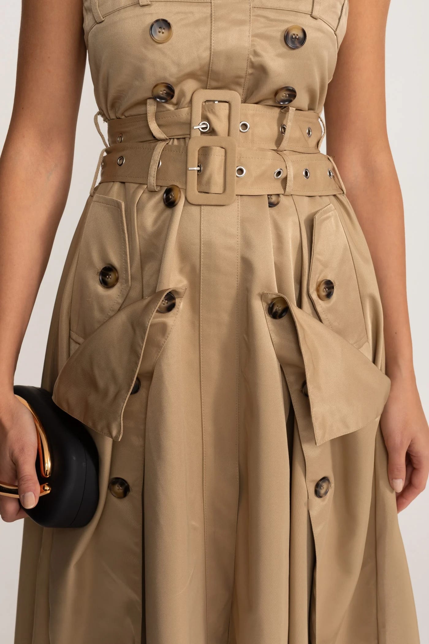 Strapless Belted Midi Dress with Pocket Detail - Khaki