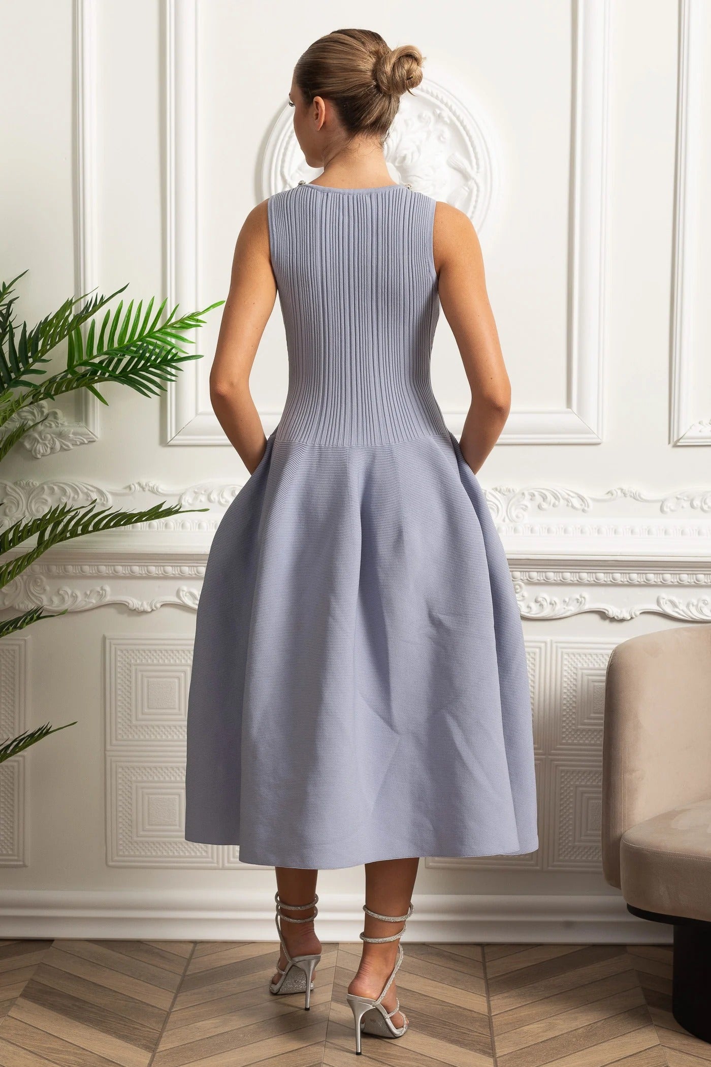 Sleeveless Knit Midi Dress With Embellished Scoop Neckline - Blue