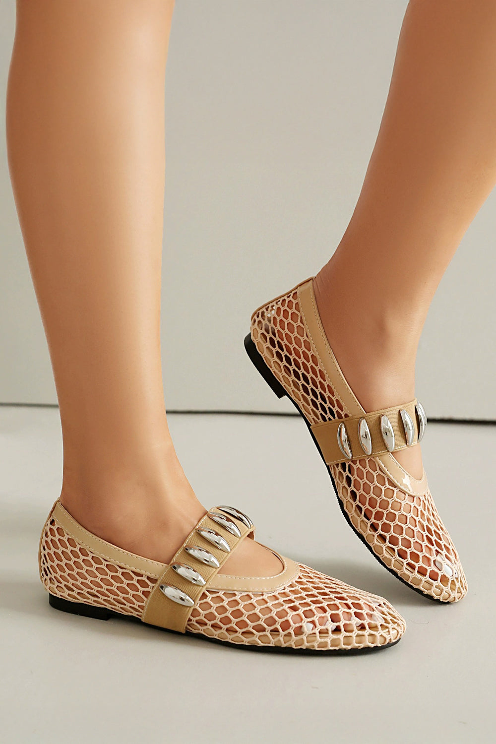 Mesh Slip-On Flats with Metal Stud Strap - Apricot