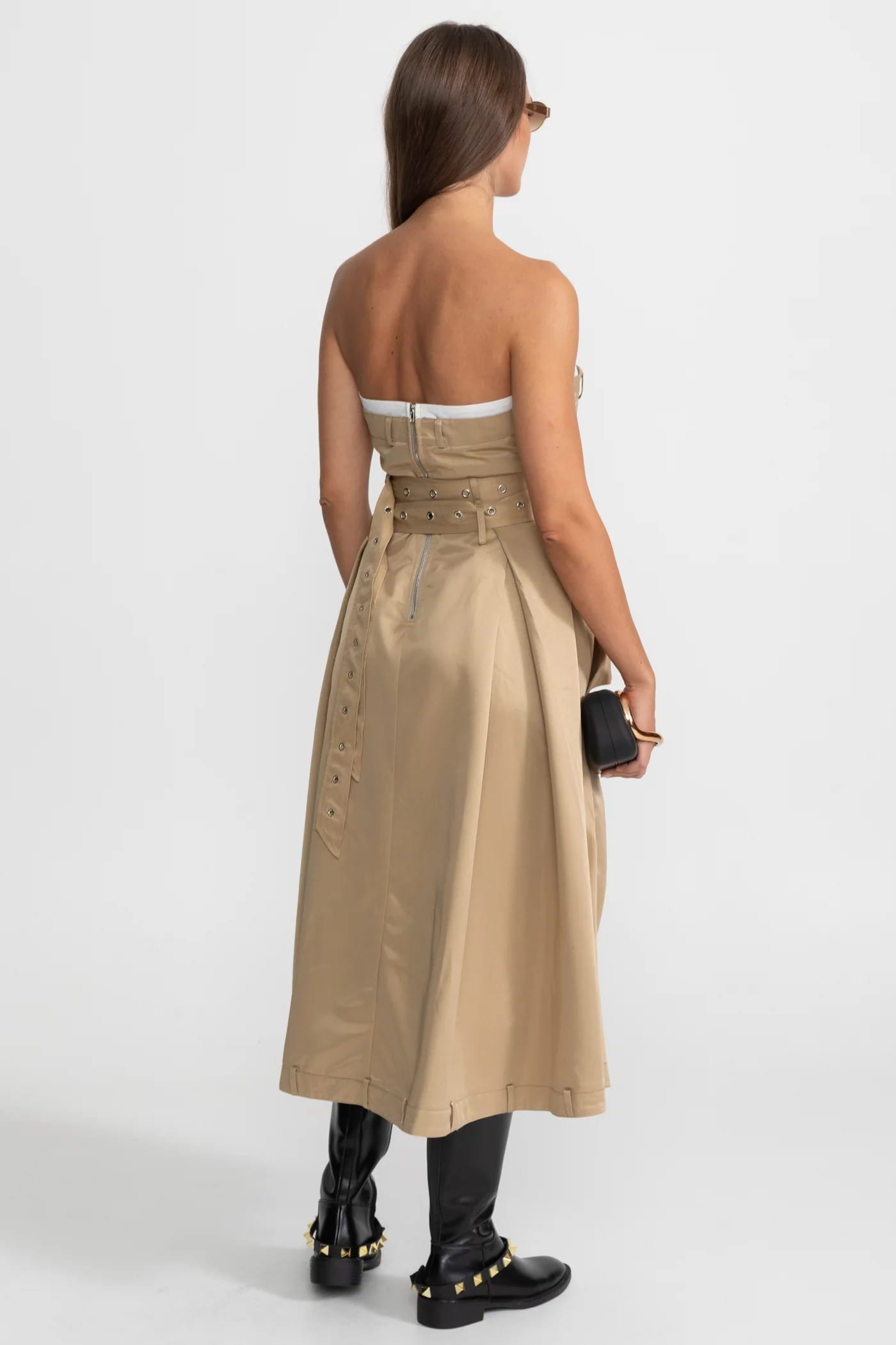 Strapless Belted Midi Dress with Pocket Detail - Khaki