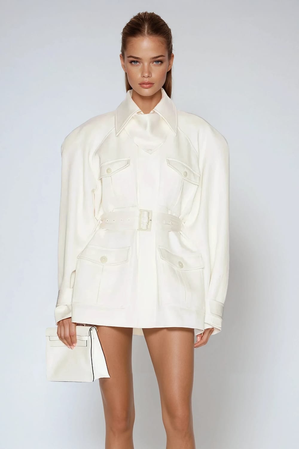 Belted Button Detail Long Sleeve Mini Dress - White
