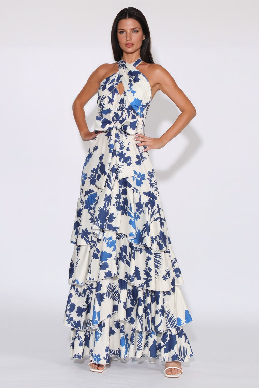 Printed Ruffled Halter Maxi Dress - Blue