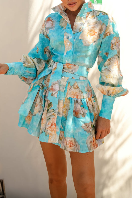 Floral Print Mini Dress with Puff Sleeves