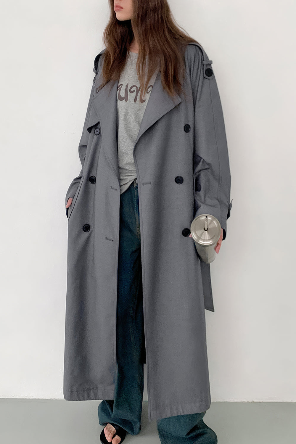 Double-Breasted Belted Trench Coat - Gray