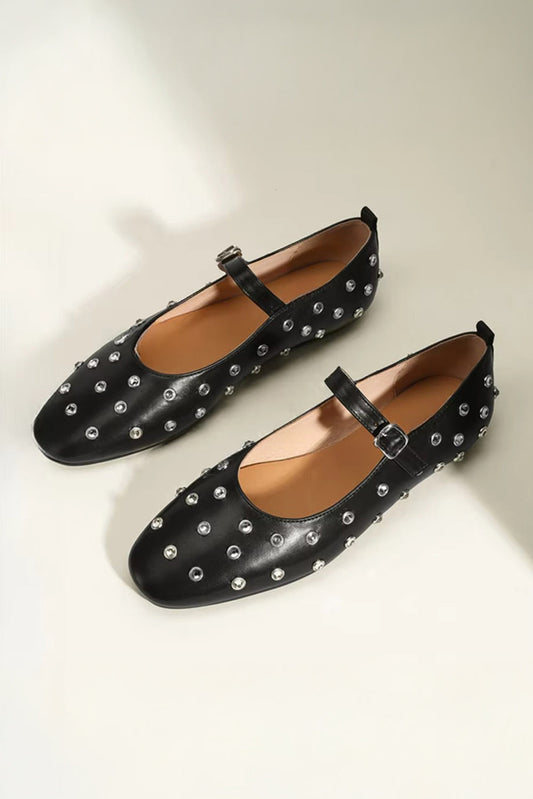 Flat Shoes with Round Stud Detailing - Black
