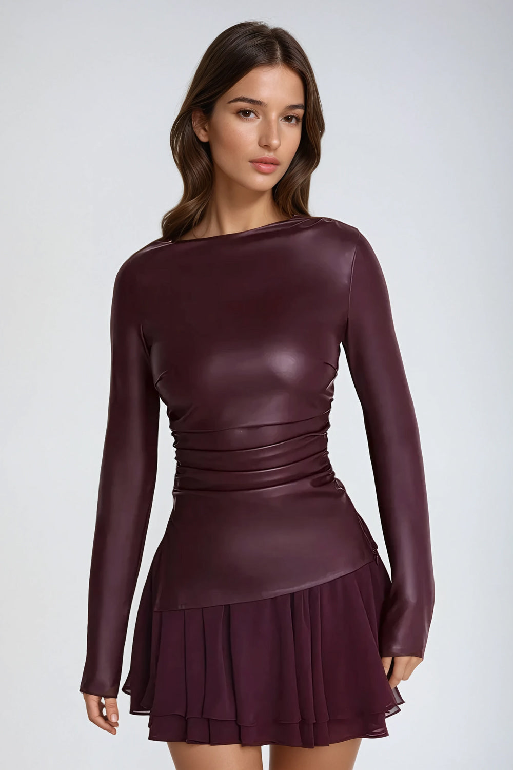 Long Sleeve Leather Top with Ruched Detail - Maroon