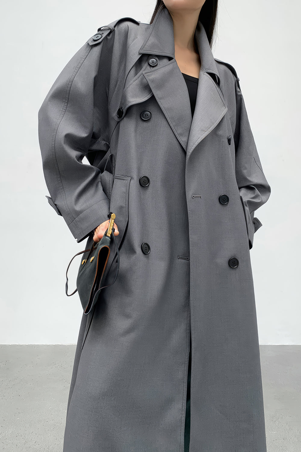 Double-Breasted Belted Trench Coat - Gray