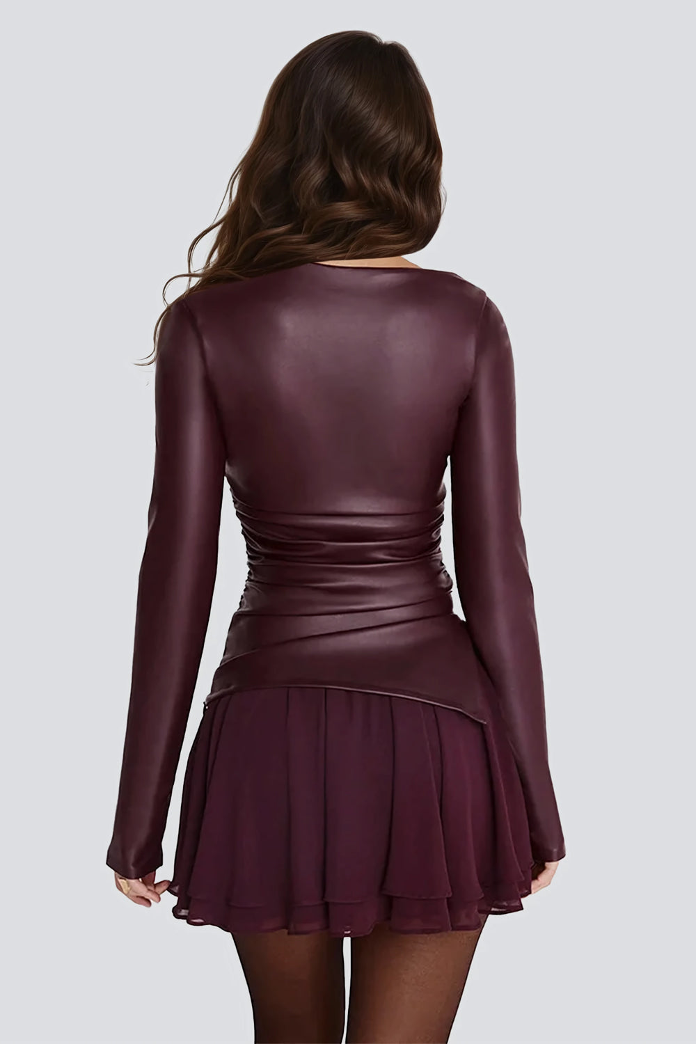 Long Sleeve Leather Top with Ruched Detail - Maroon