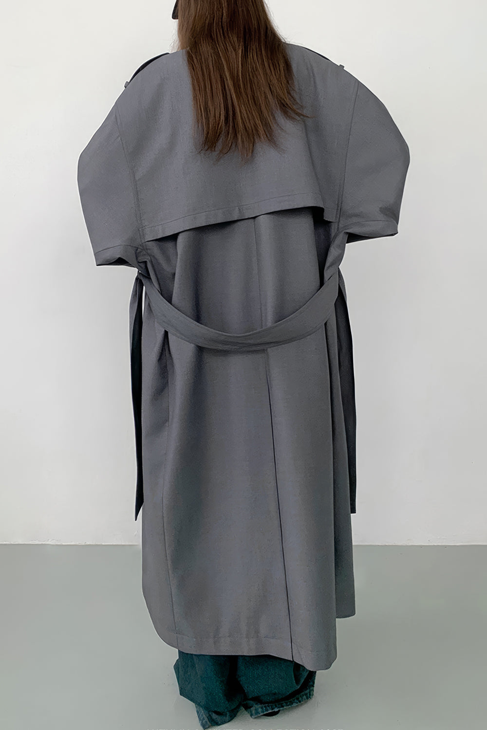 Double-Breasted Belted Trench Coat - Gray