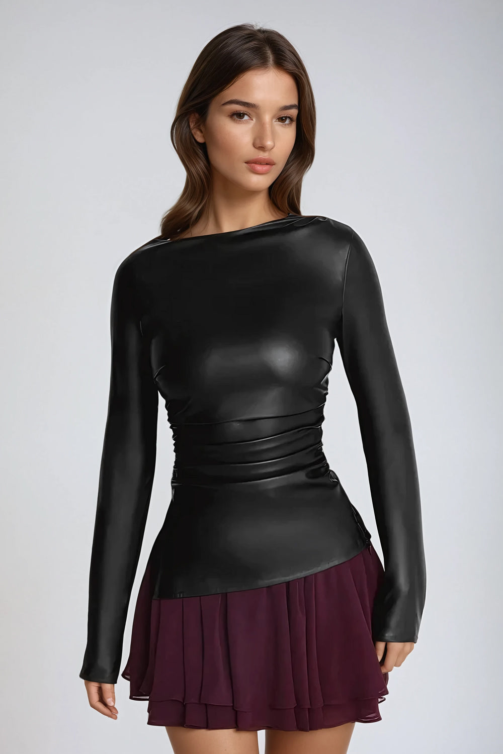 Long Sleeve Leather Top with Ruched Detail - Black