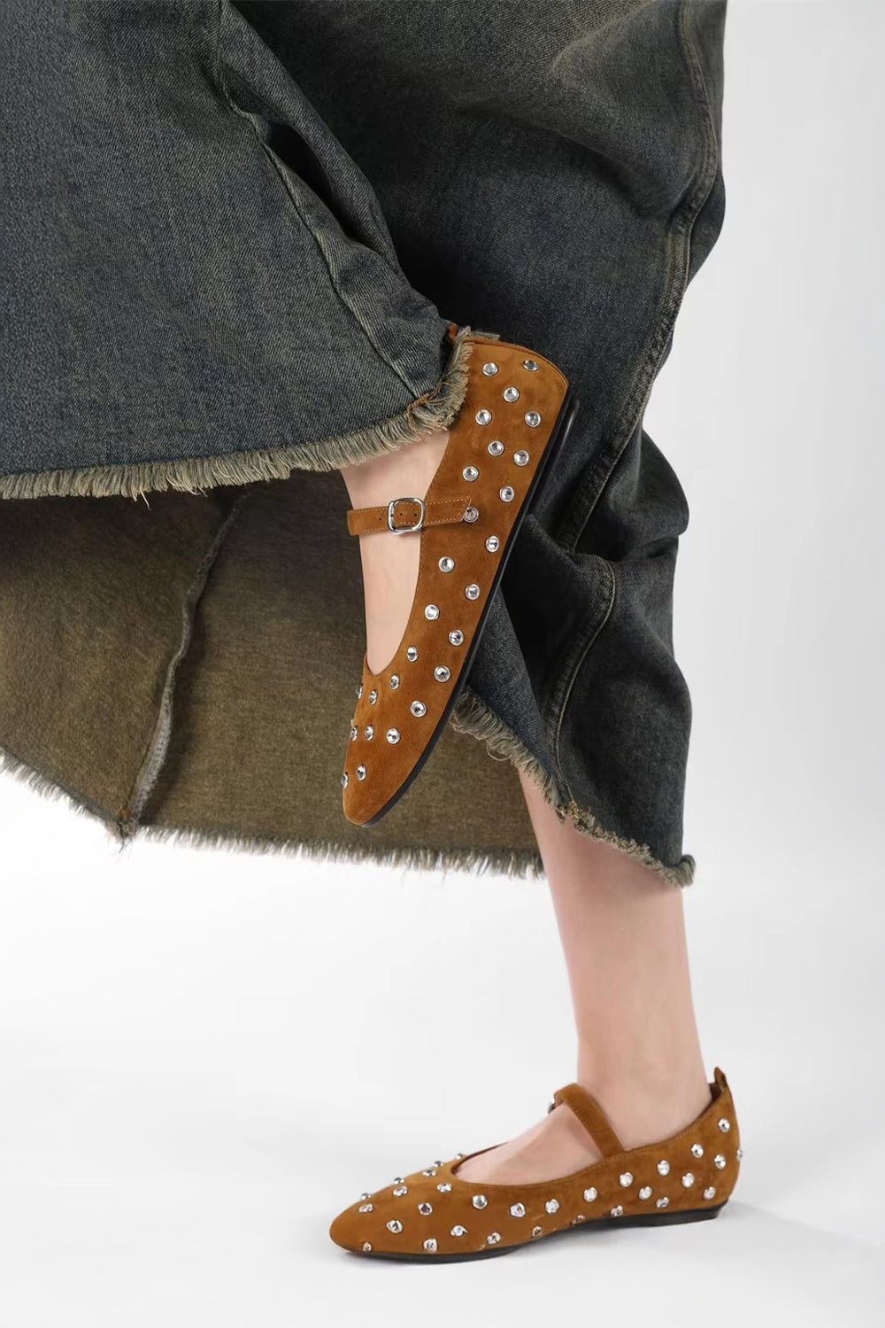 Flat Shoes with Round Stud Detailing - Brown