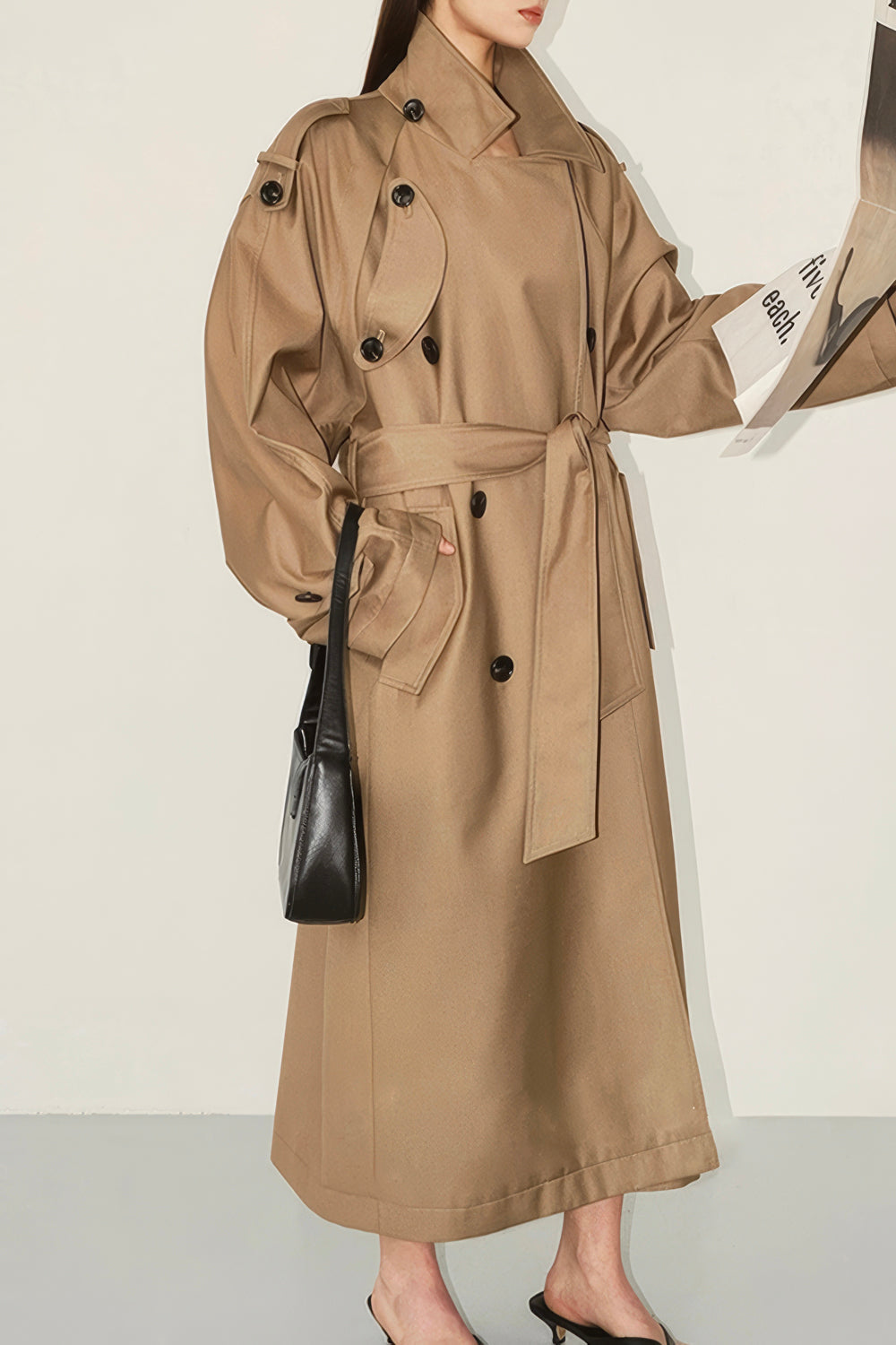 Double-Breasted Belted Trench Coat - Gray