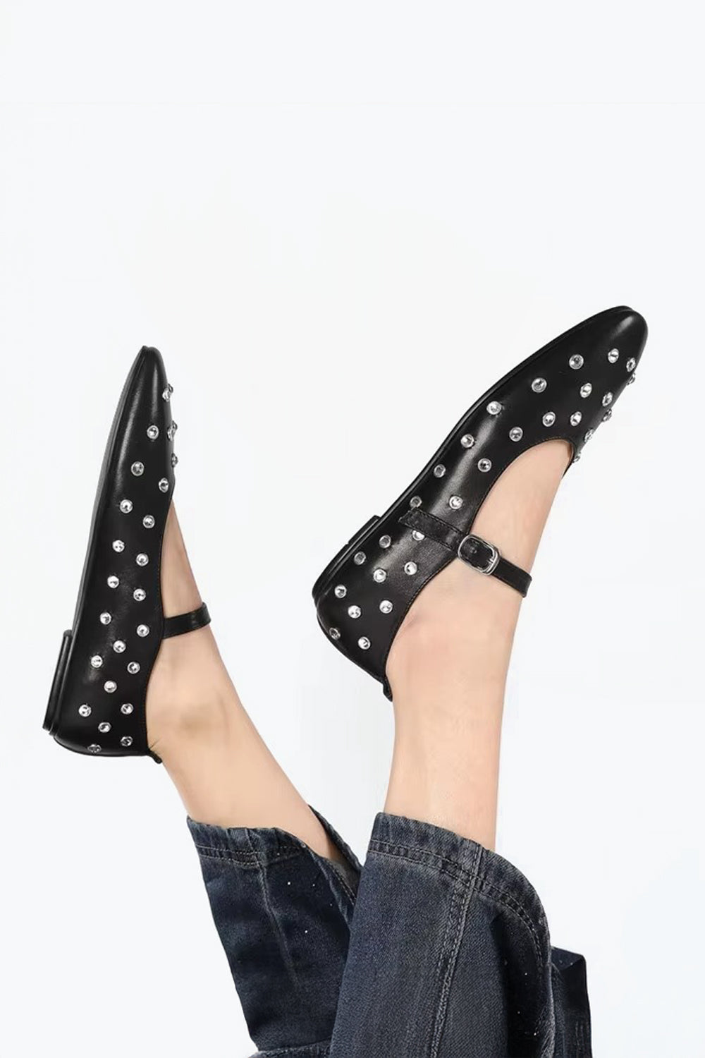 Flat Shoes with Round Stud Detailing - Black