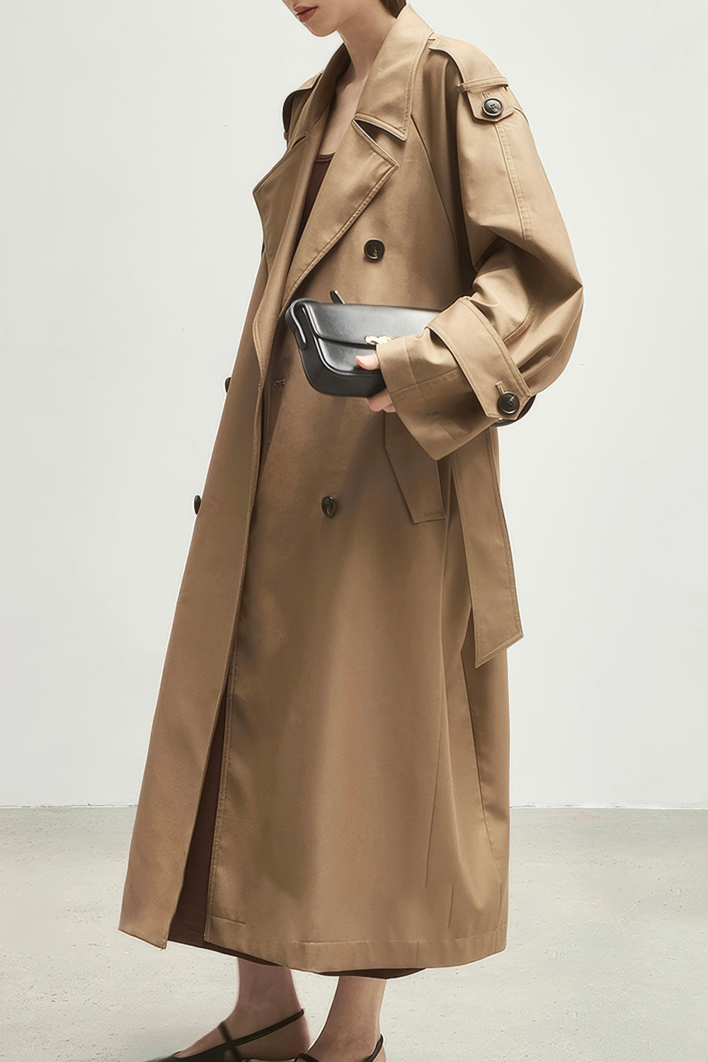 Double-Breasted Belted Trench Coat - Gray