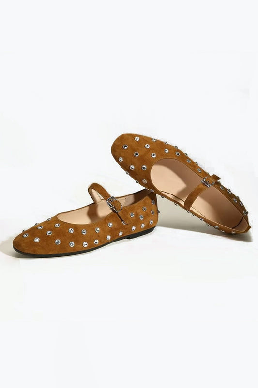 Flat Shoes with Round Stud Detailing - Brown