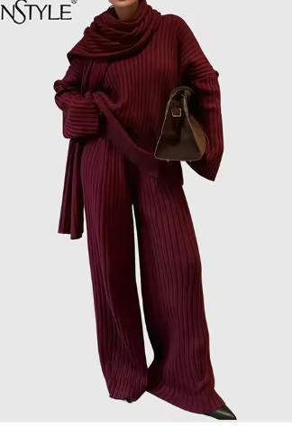 Two-Piece Set with Ribbed Knit Sweater Scarf and Trousers - Red