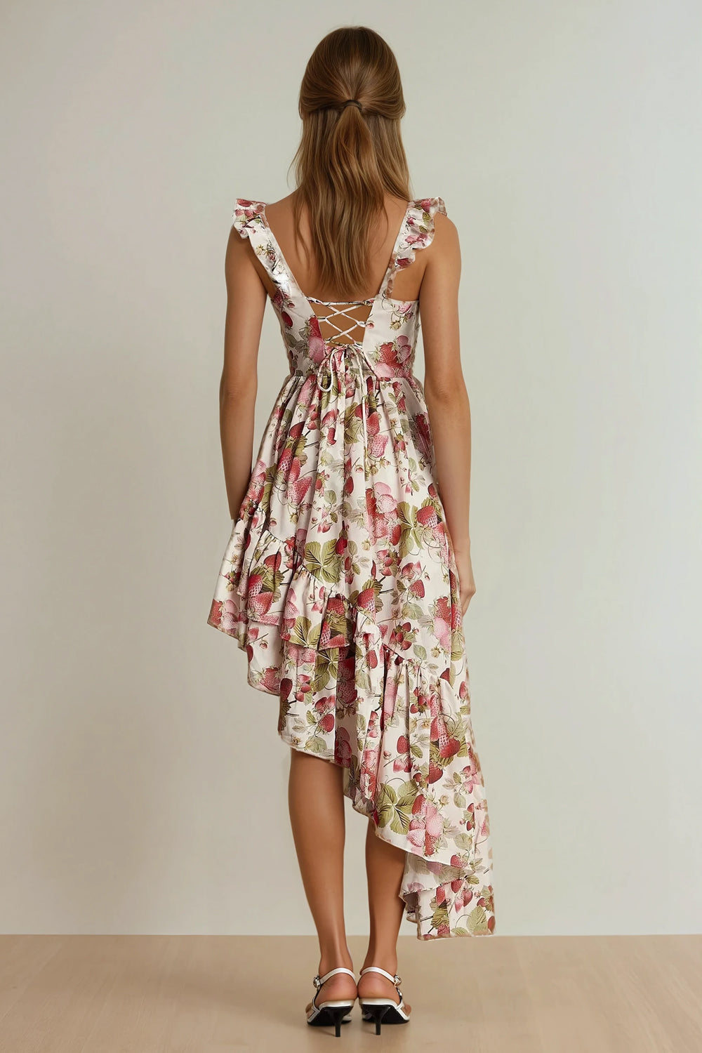 Floral Ruffle Strap Asymmetrical Midi Dress - White
