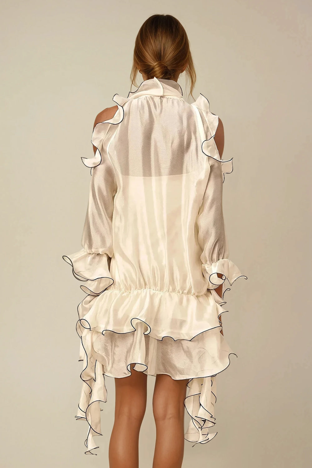 Mini Dress with Ruffled Hem and Shoulder Cutouts - White