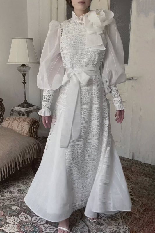 High-Neck Lace Maxi Dress with Puff Sleeves