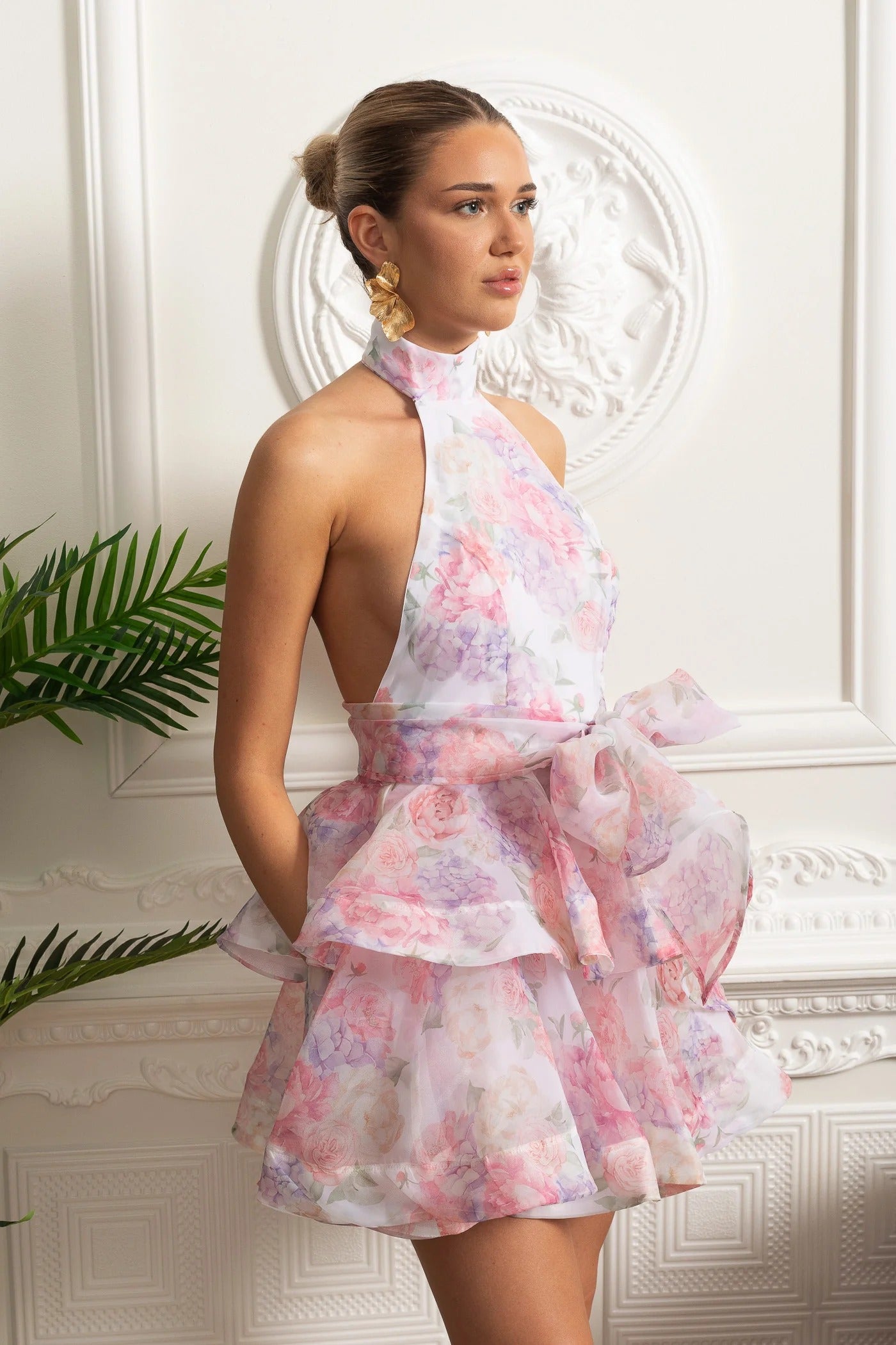Halter Neck Mini Dress With Floral Layers and Bow Waist - Pink