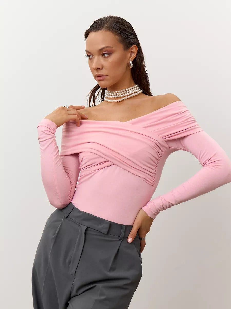 Off Shoulder Long Sleeve Draped Top - Light Pink