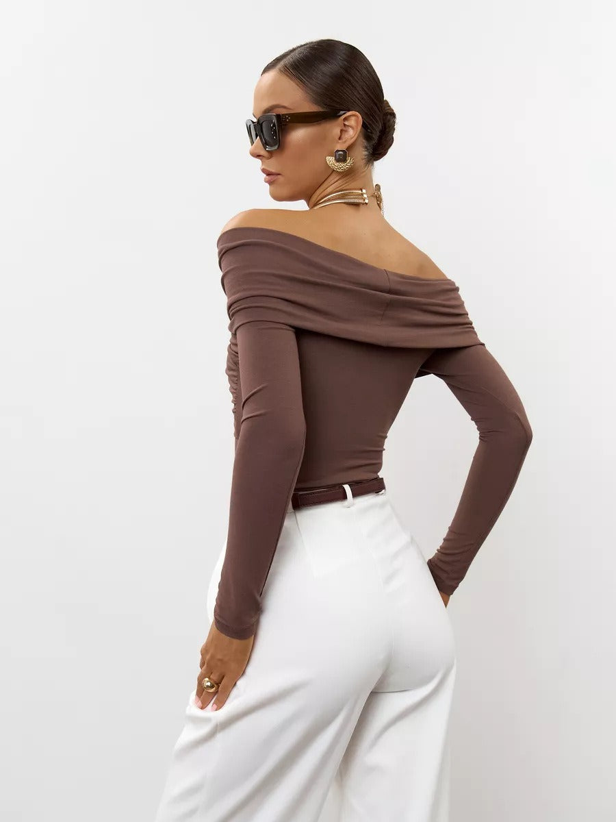 Off Shoulder Long Sleeve Draped Top - Brown