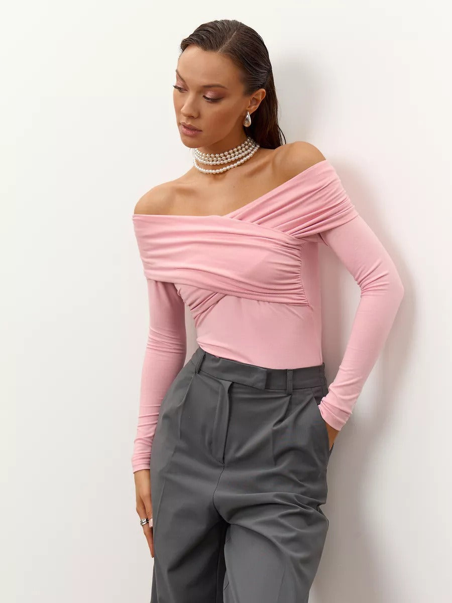 Off Shoulder Long Sleeve Draped Top - Light Pink