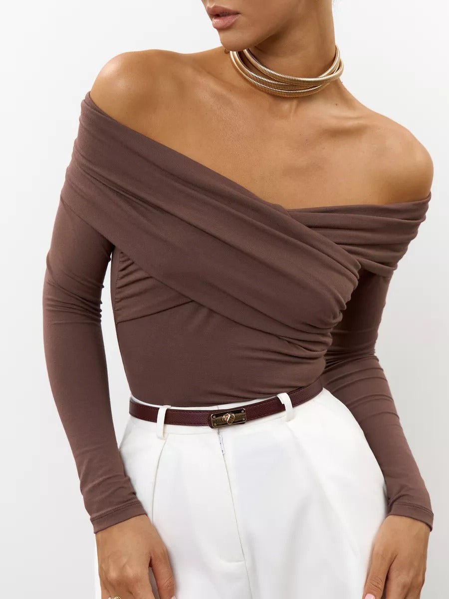 Off Shoulder Long Sleeve Draped Top - Brown