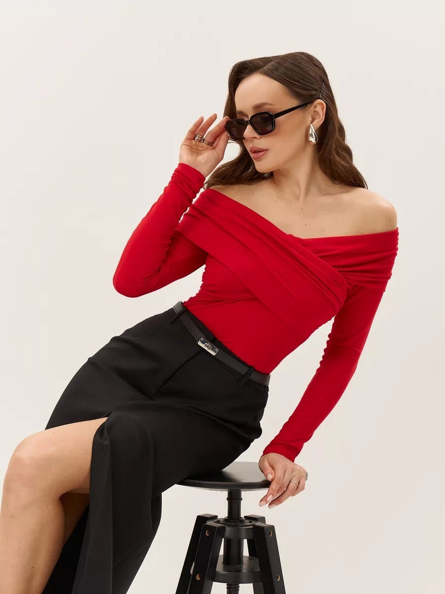 Off Shoulder Long Sleeve Draped Top - Red
