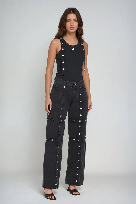 Convertible Buttoned Denim Jeans - Black