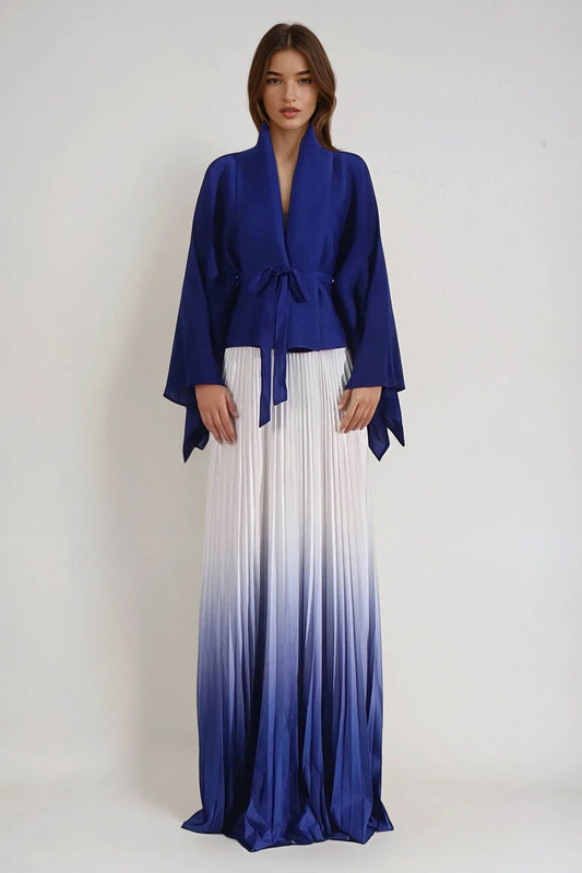 Two-Piece Set with Flowy Top and Pleated Maxi Skirt - Blue