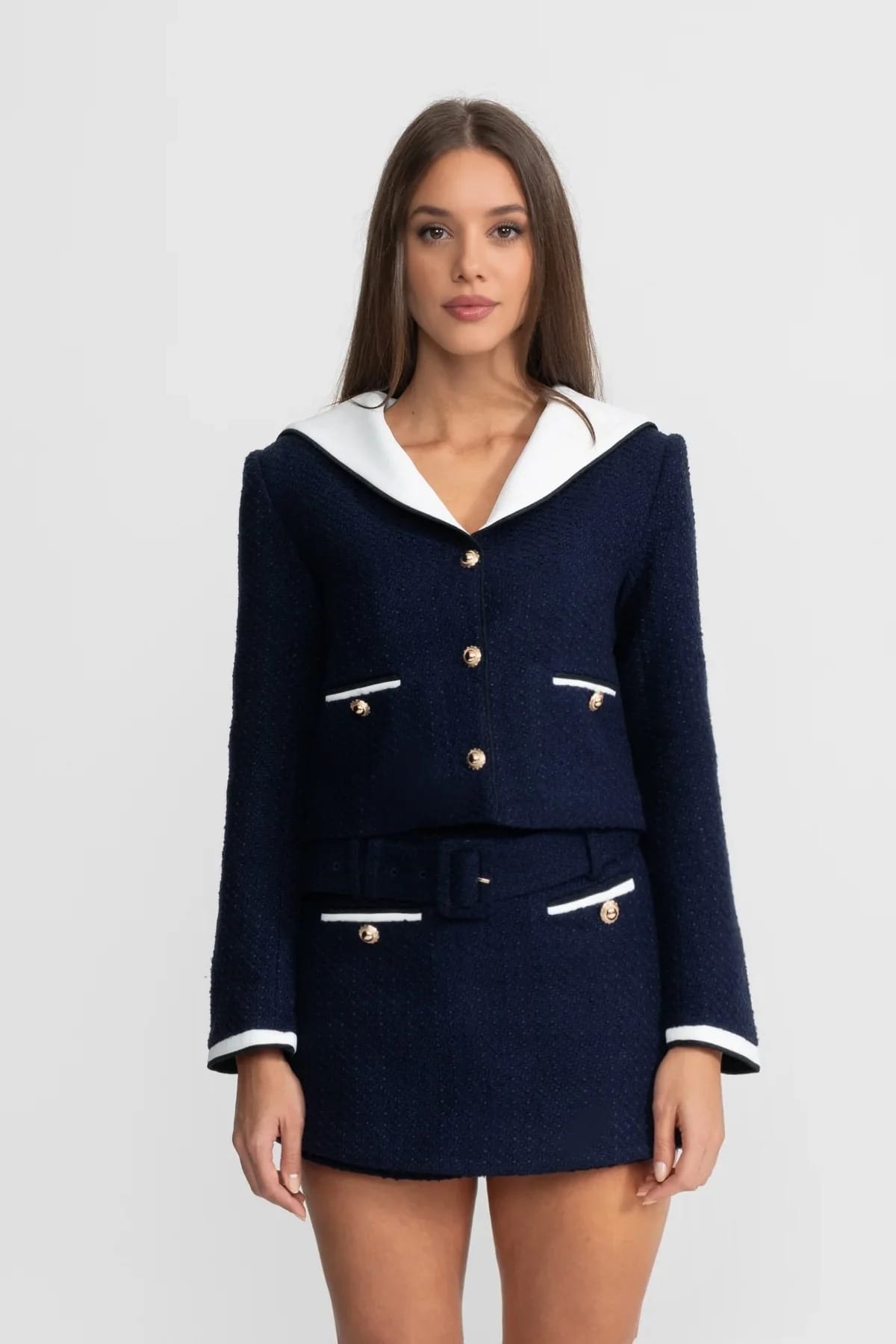 Two-Piece Set with Contrast Collar Jacket and Mini Skirt - Blue