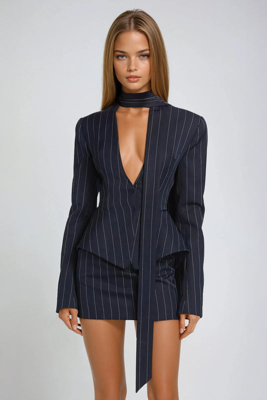 Pinstripe Tailored Blazer & Skirt Set - Navy Blue