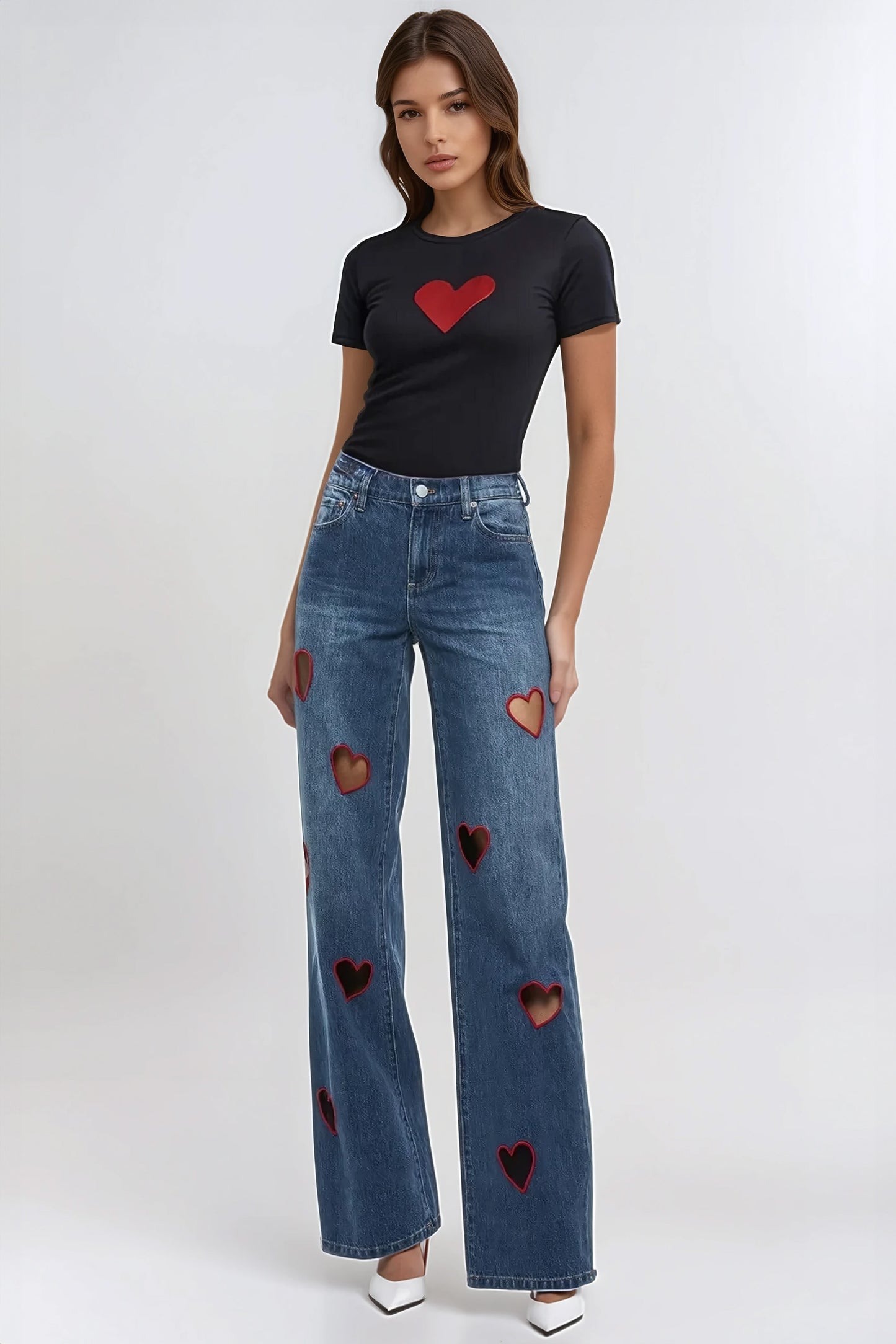 Heart Details Wide-Leg Jeans - Dark Blue