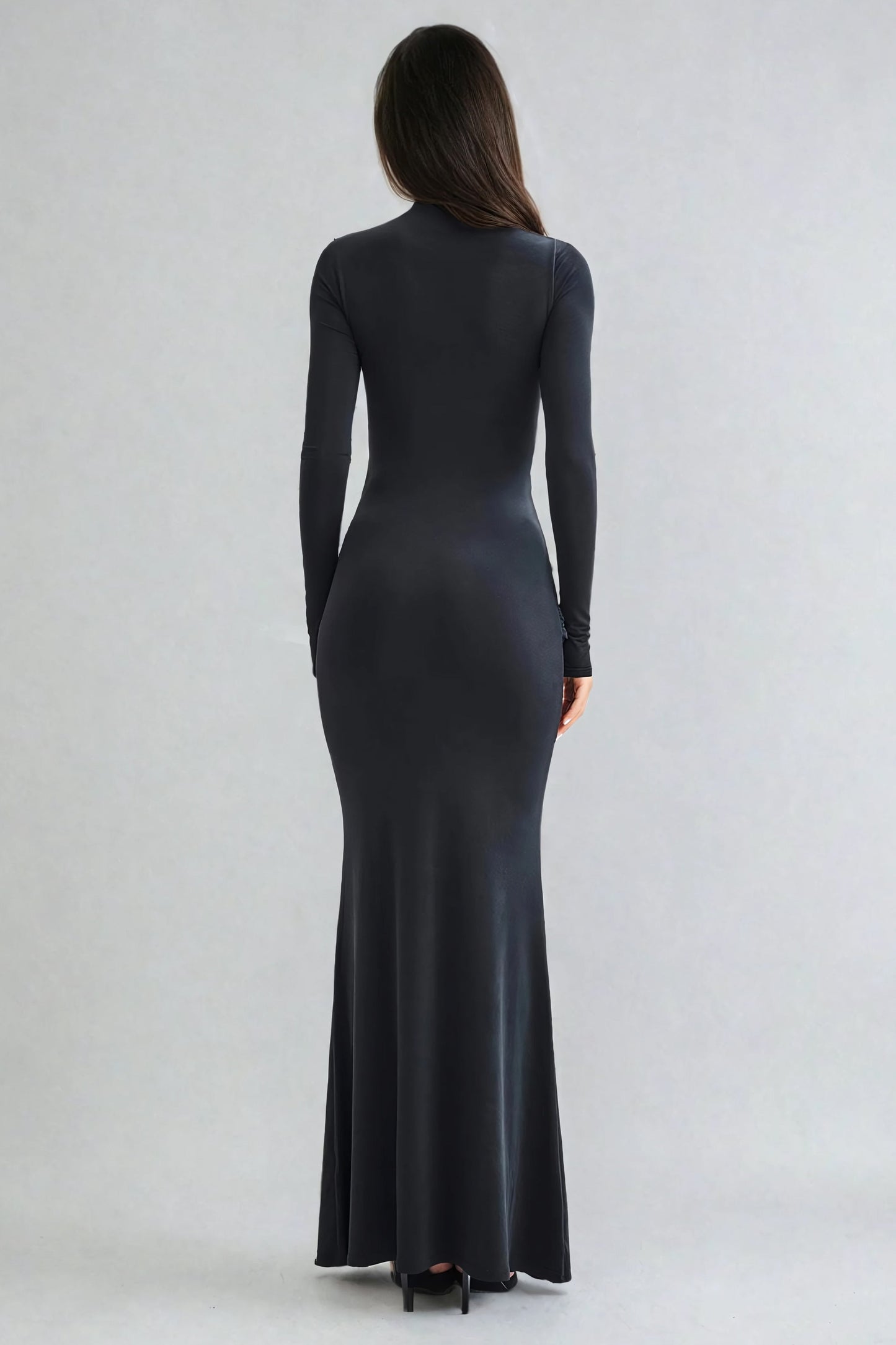 Long Sleeves Maxi Dress with Draped Waist Detail - Black