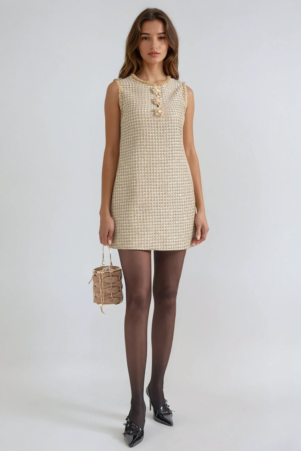 Beaded Trim Sleeveless Mini Dress - Beige