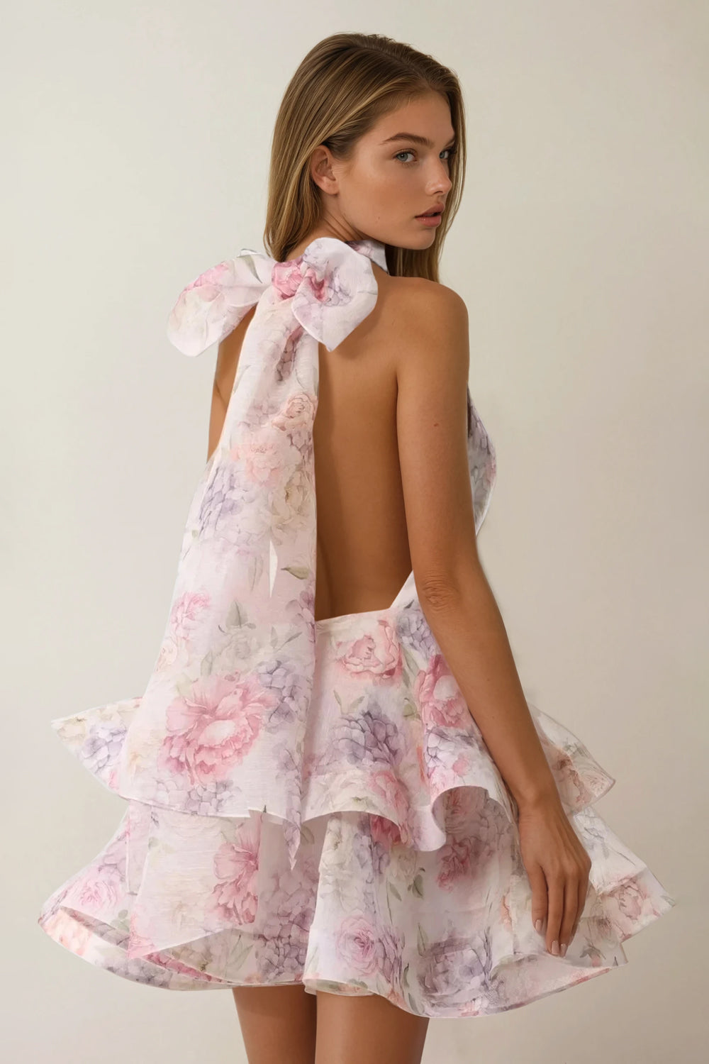 Halter Neck Mini Dress with Layered Skirt and Bow Back - Pink