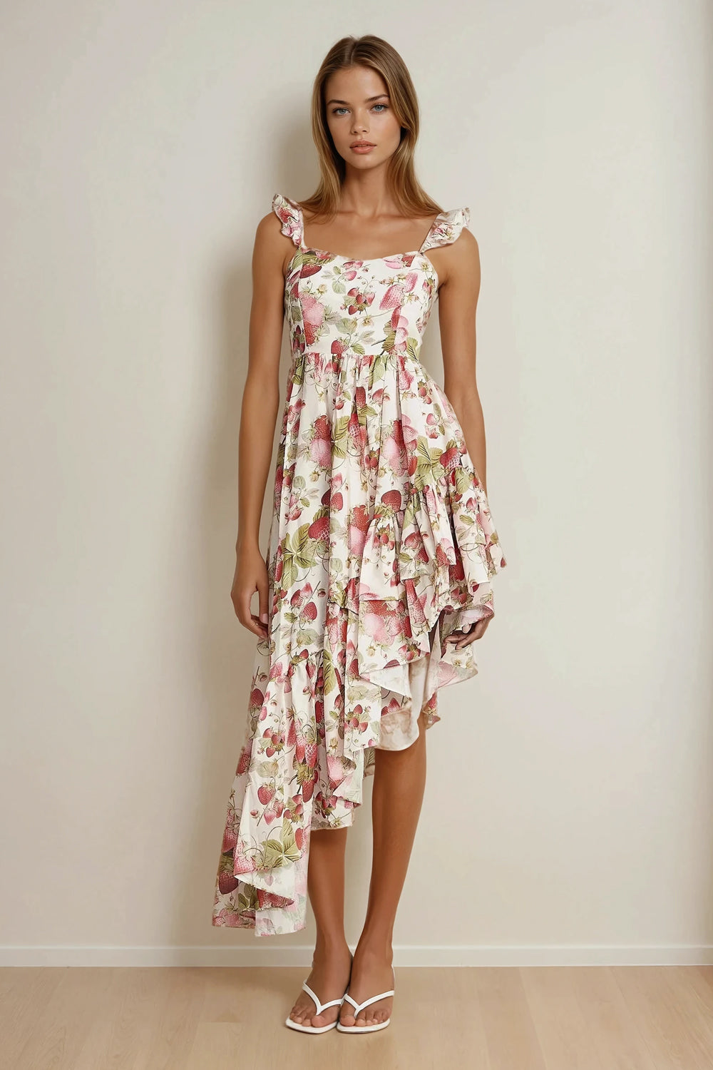 Floral Ruffle Strap Asymmetrical Midi Dress - White
