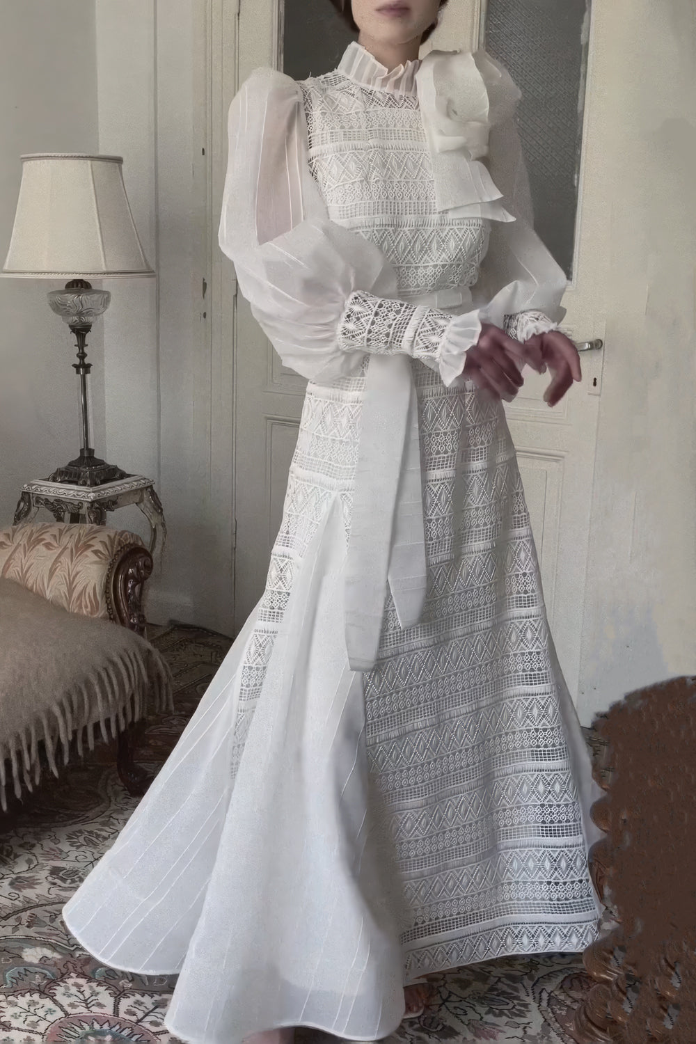 High-Neck Lace Maxi Dress with Puff Sleeves
