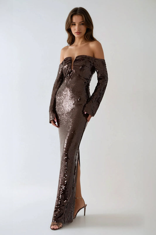 Off-Shoulder Sequin Maxi Dress - Brown