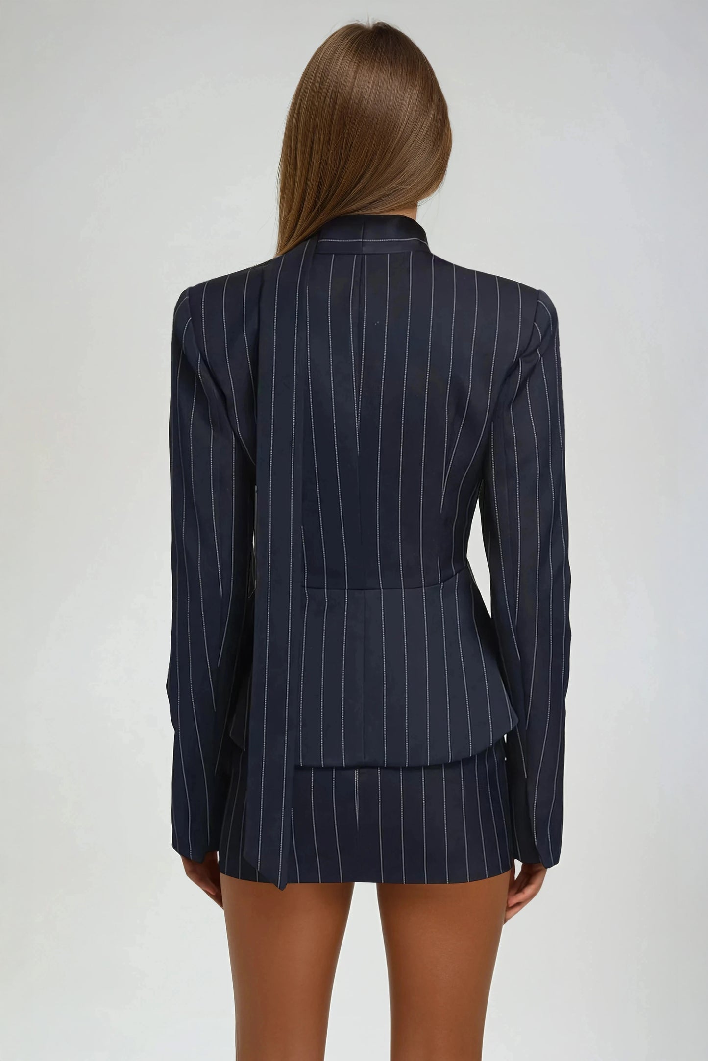 Pinstripe Tailored Blazer & Skirt Set - Navy Blue