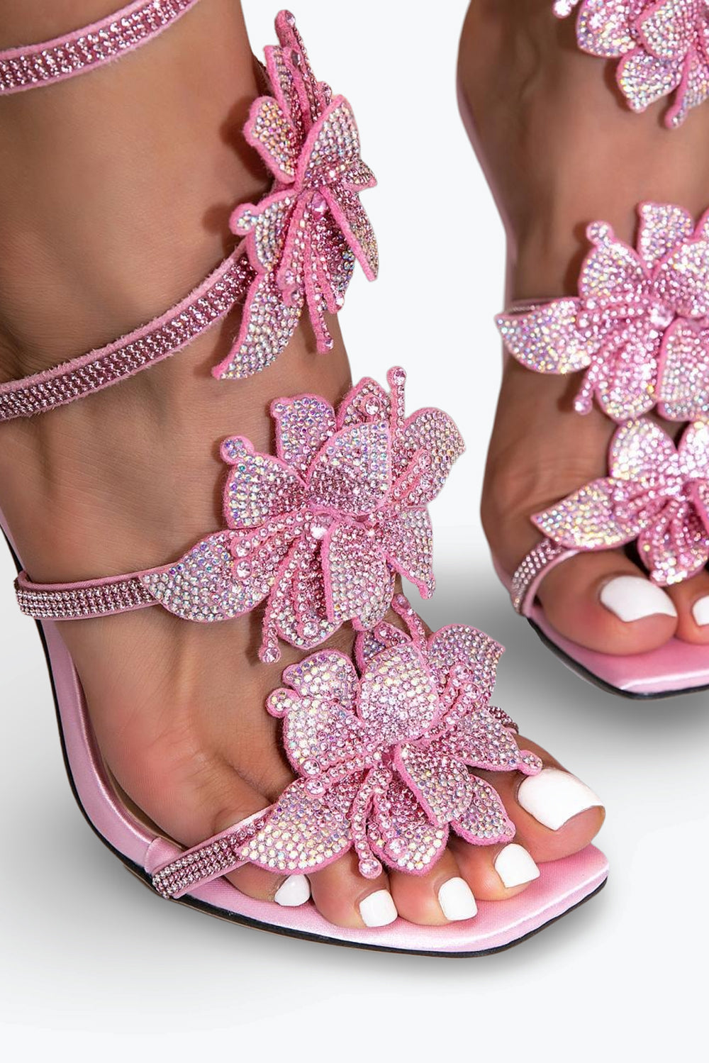 High Heel Sandals with Rhinestone Flower Straps - Pink