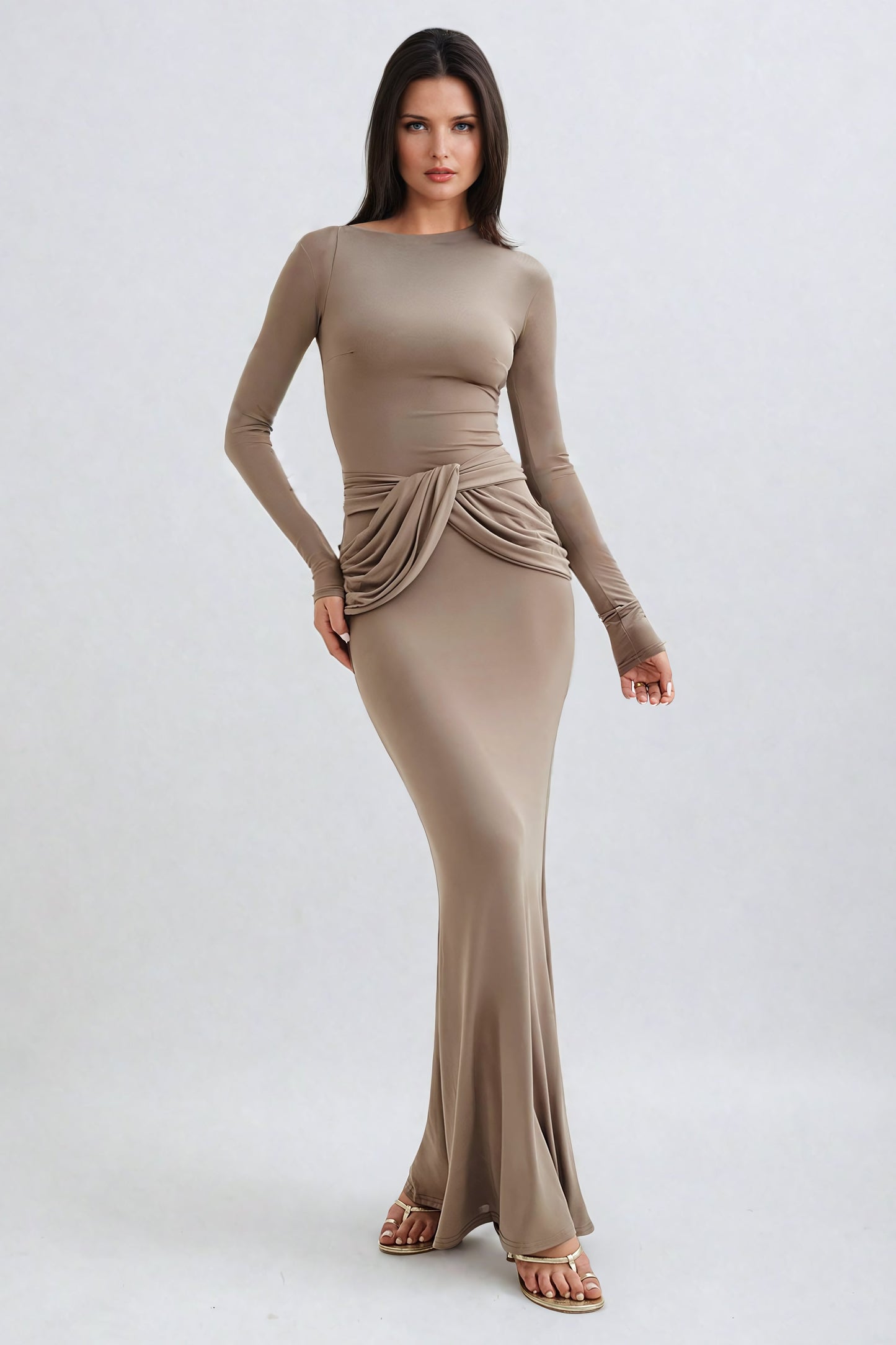 Long Sleeves Maxi Dress with Draped Waist Detail - Light Brown