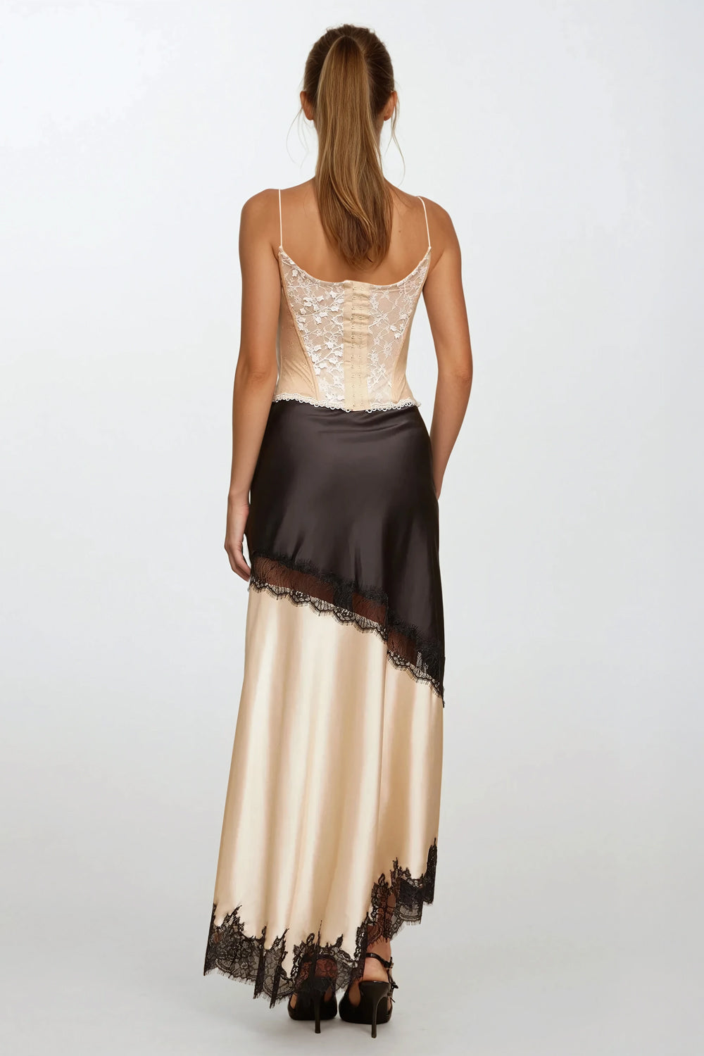 Lace Corset Top with Lace-Up Front Accent - Apricot
