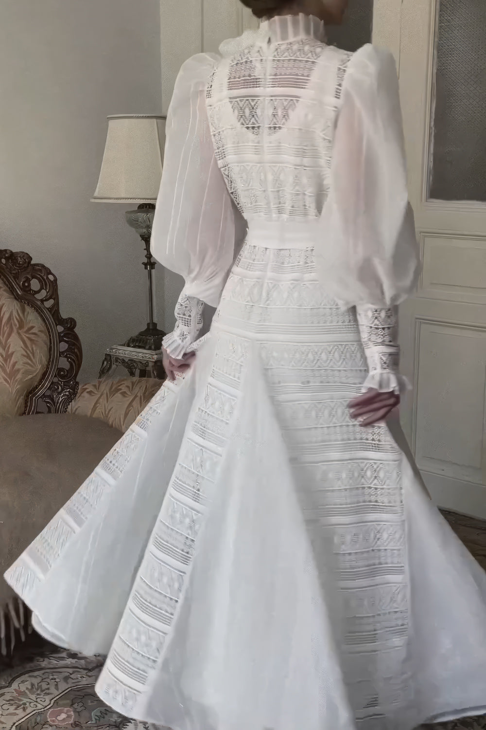 High-Neck Lace Maxi Dress with Puff Sleeves