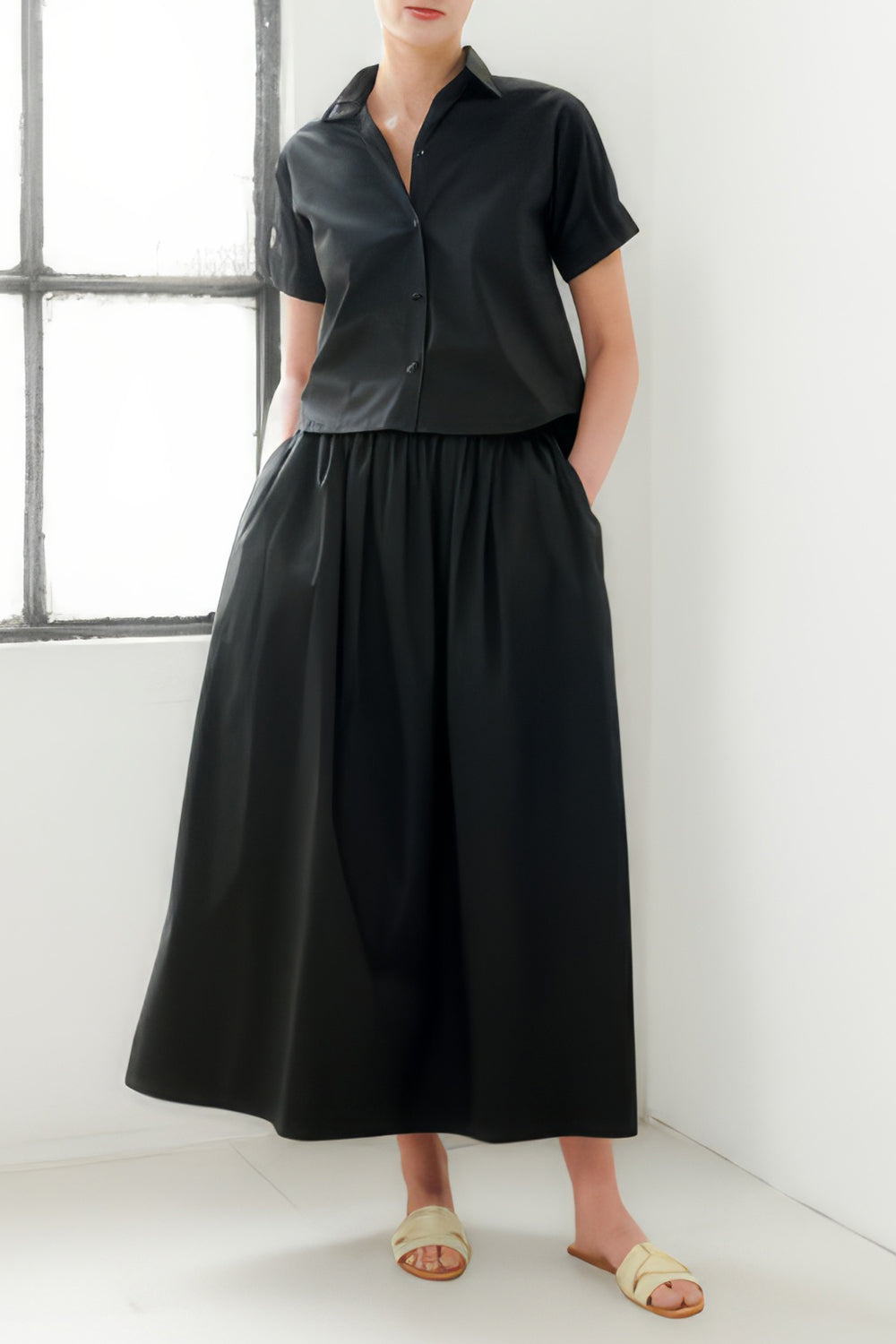 Two-Piece Set with Short-Sleeve Button-Up Shirt and Long Skirt