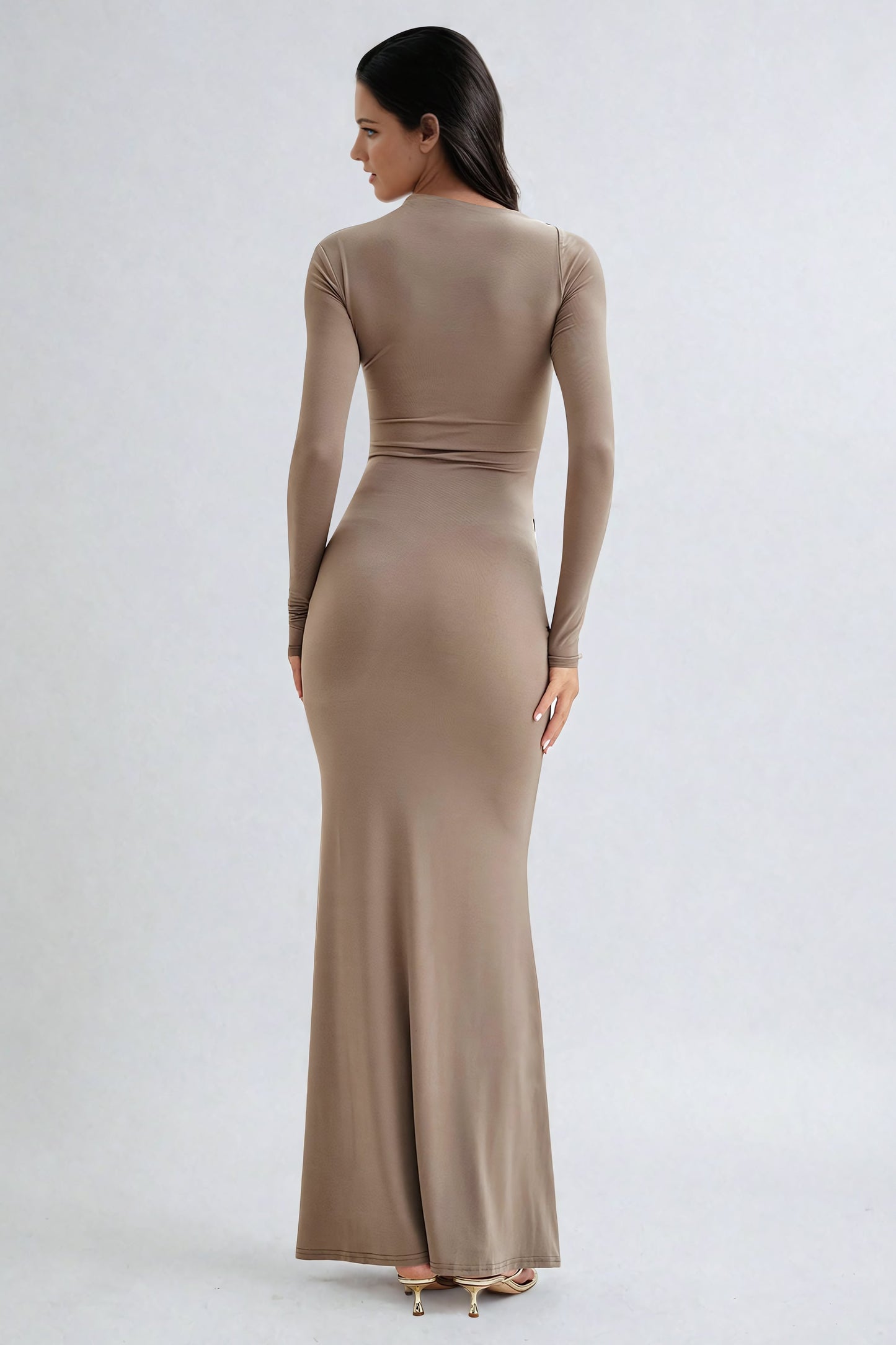 Long Sleeves Maxi Dress with Draped Waist Detail - Light Brown