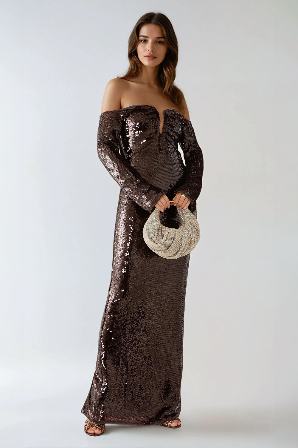 Off-Shoulder Sequin Maxi Dress - Brown