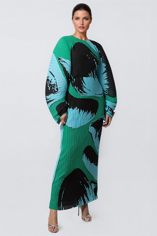 Oversized Sleeve Printed Maxi Dress with Pleated Skirt - Green